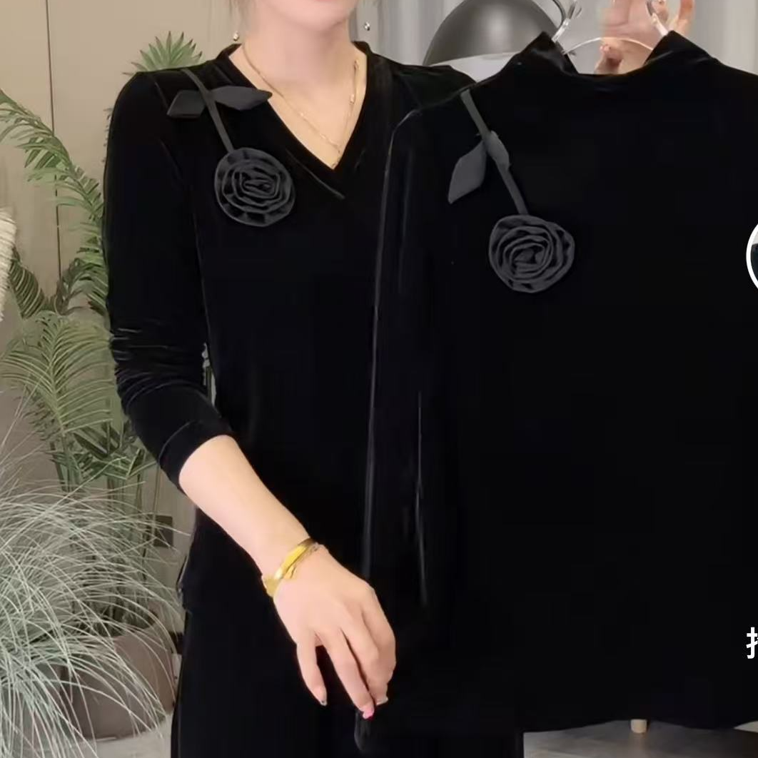 百搭显瘦洋气一支花朵丝绒气质女人味上衣529#