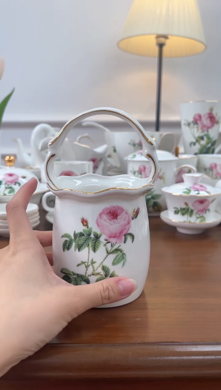 茶杯紫砂玫瑰高骨骨瓷花篮