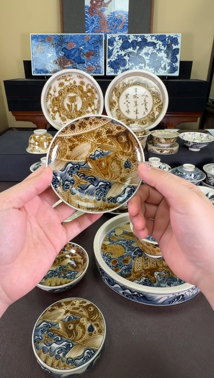 【闪购商品】瓷片二号釉海浪鳜鱼纹杯垫