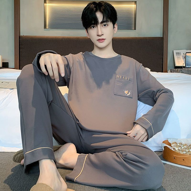 男士长袖长裤纯棉春秋冬厚款睡衣简约休闲可外穿家居服套装圆领