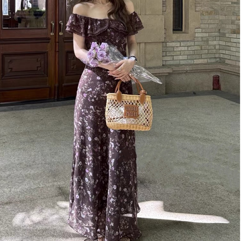 2025夏季上新西西里漫花法式温柔一字肩连衣裙