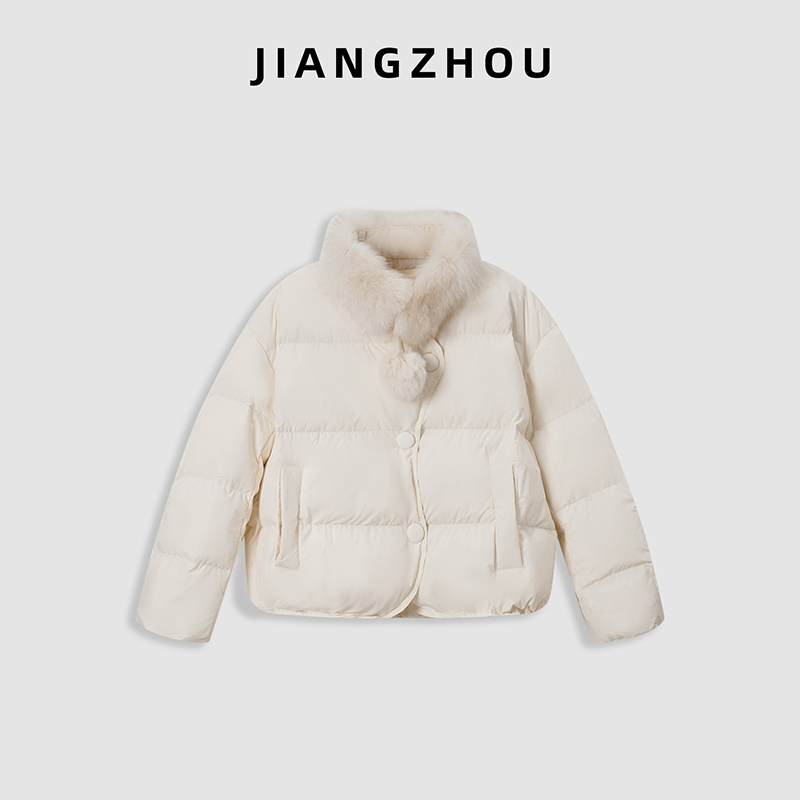 江洲【雪絮】保暖秋冬新款休闲风可拆卸毛领韩版棉服包扣短款外套