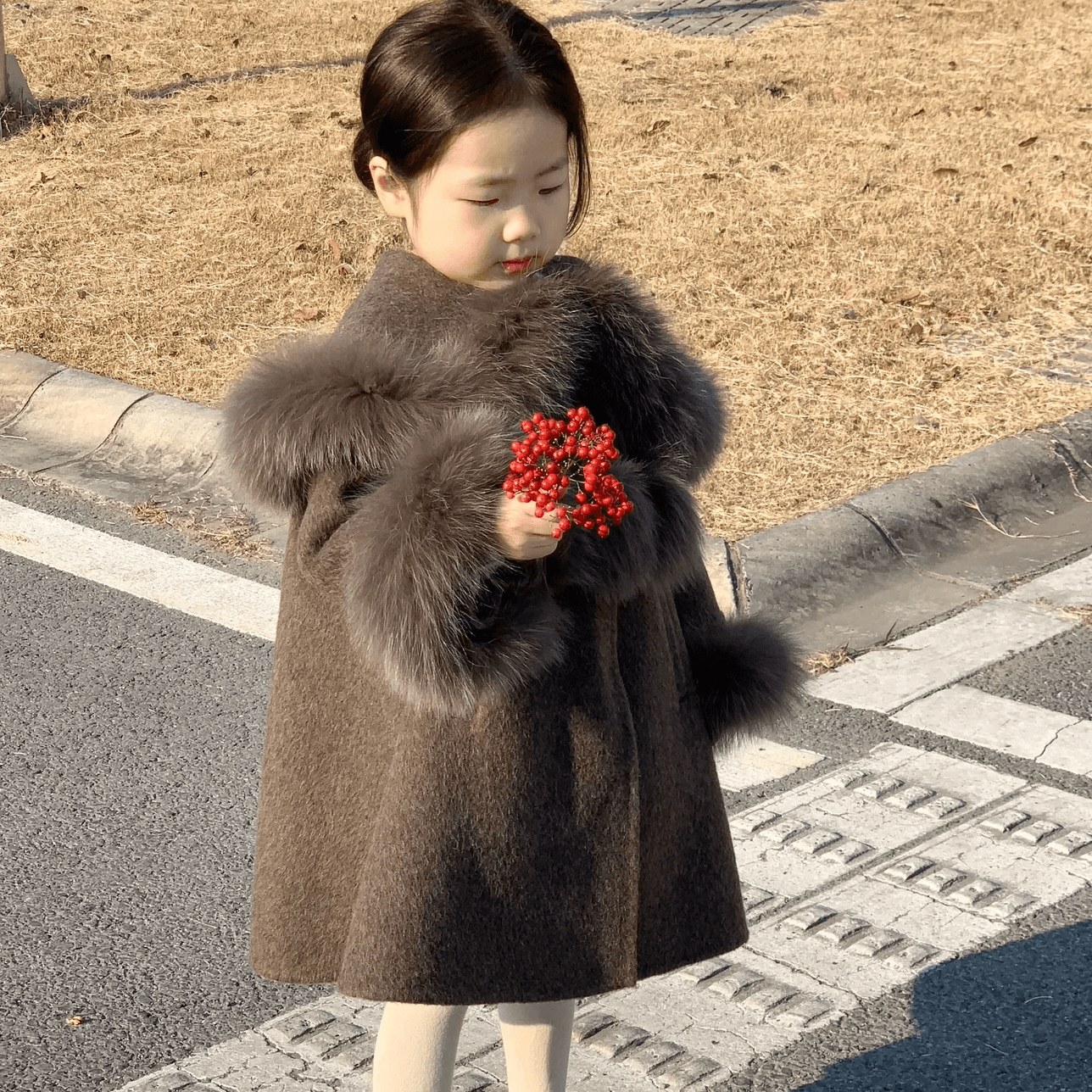 现货 狐狸毛）深咖色大衣外套女童冬季2025新款儿童中长款大衣