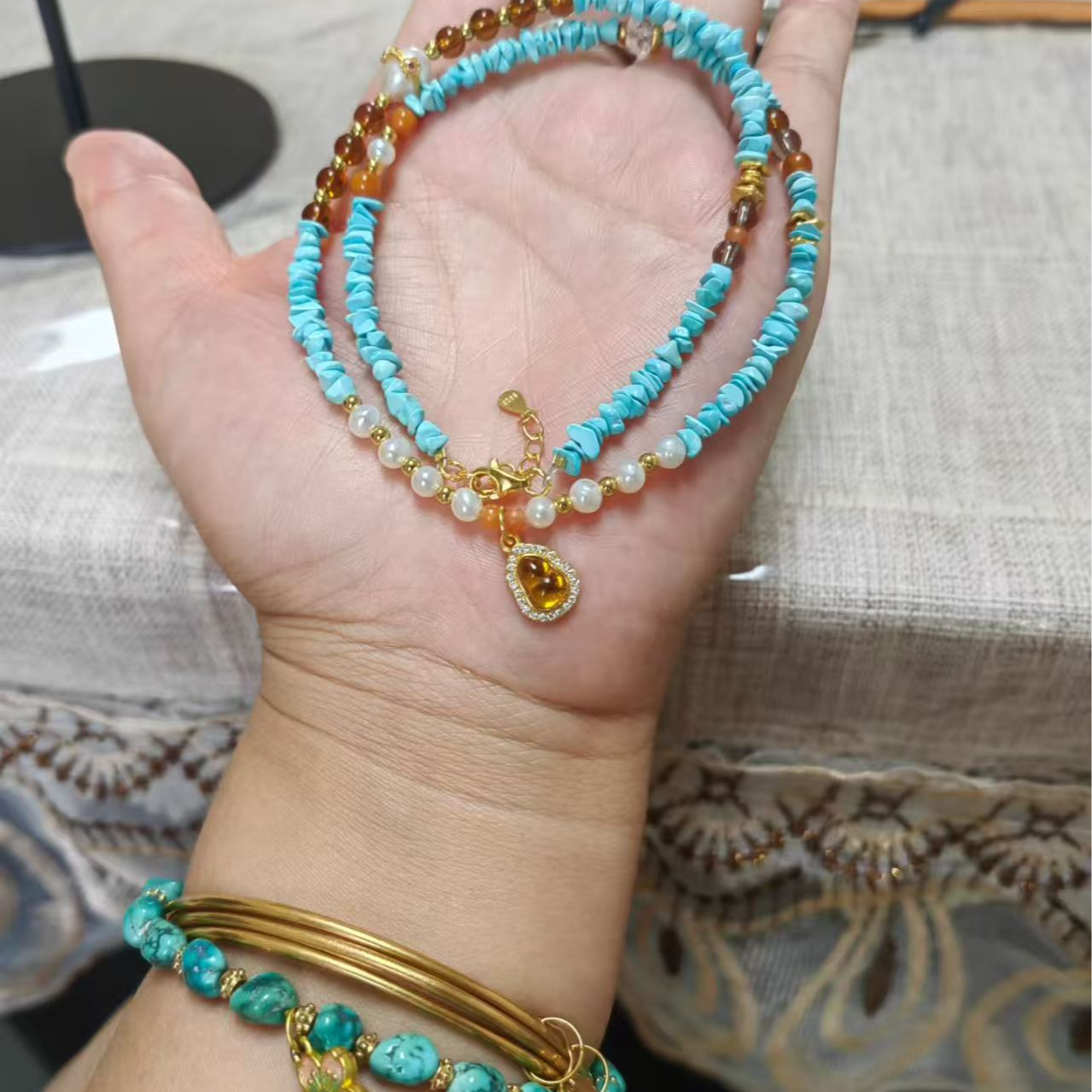 原矿绿松石手链手串手工彩色