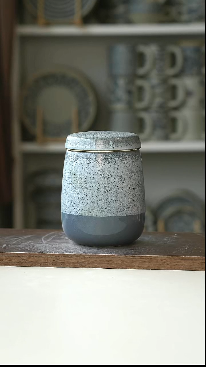 陶挪威峡湾冰砾拼色陶瓷收纳罐520ml@7-7@