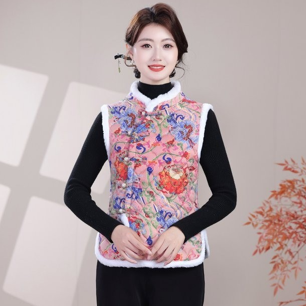 秋冬季加棉马甲女士盘扣坎肩外穿背心保暖马夹东北大花袄棉袄上衣