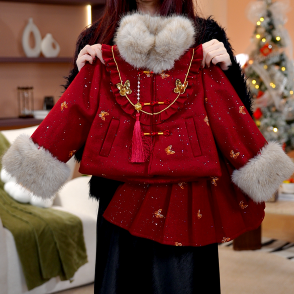 【浮华】女童冬长袖百褶裙加绒加厚小香风女孩洋气红色套装DS20148