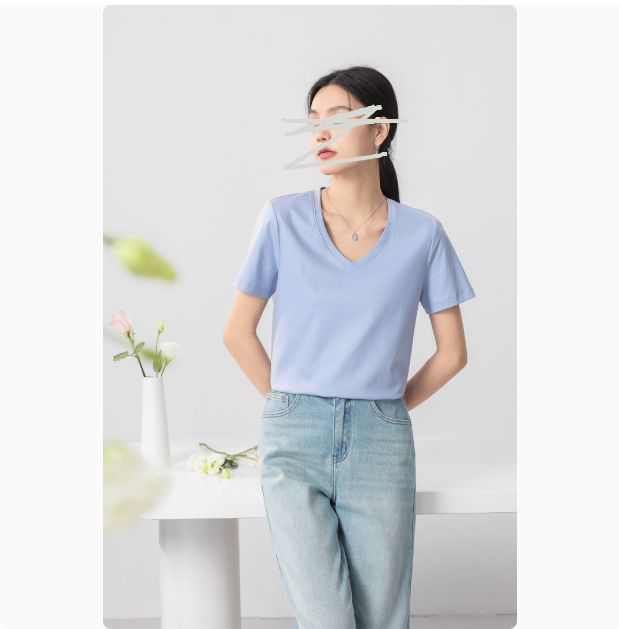 V领凉感桑蚕丝短袖丝光棉T恤女夏薄款宽松休闲打底衫百搭