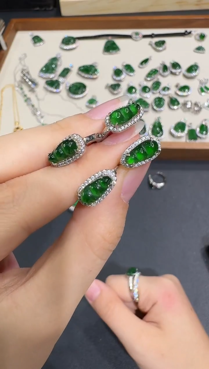 银S925镶嵌翡翠耳饰X1202-886-102多样性一对