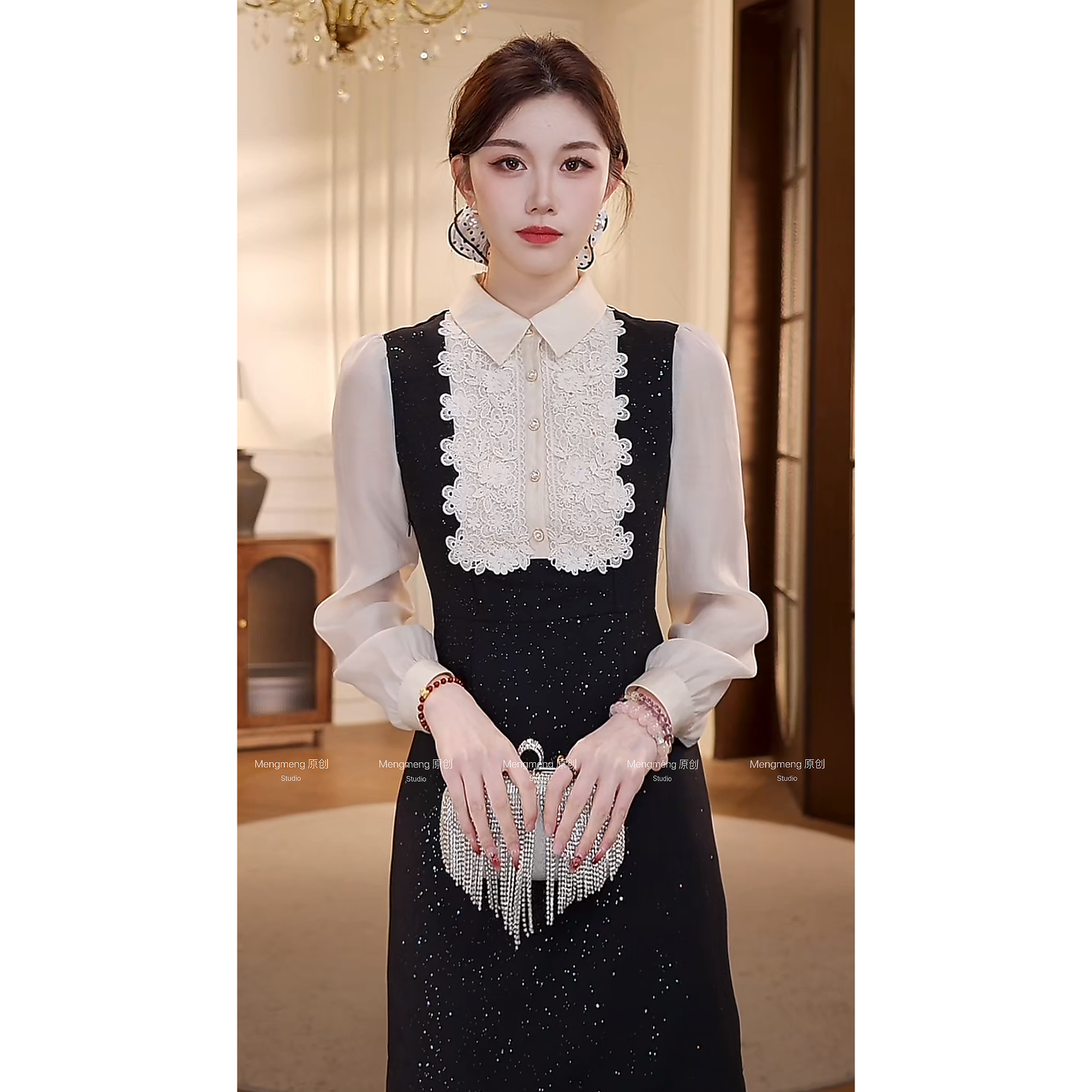 【梦梦&GERTC】安晴 娃娃领显瘦小香风背心蕾丝连衣裙 GC251L1019