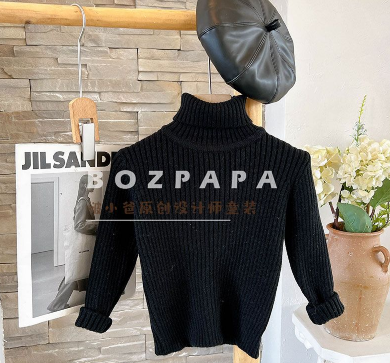 啵小爸 高领坑条软糯毛衣韩版2025新款冬季男宝百搭黑色毛衣