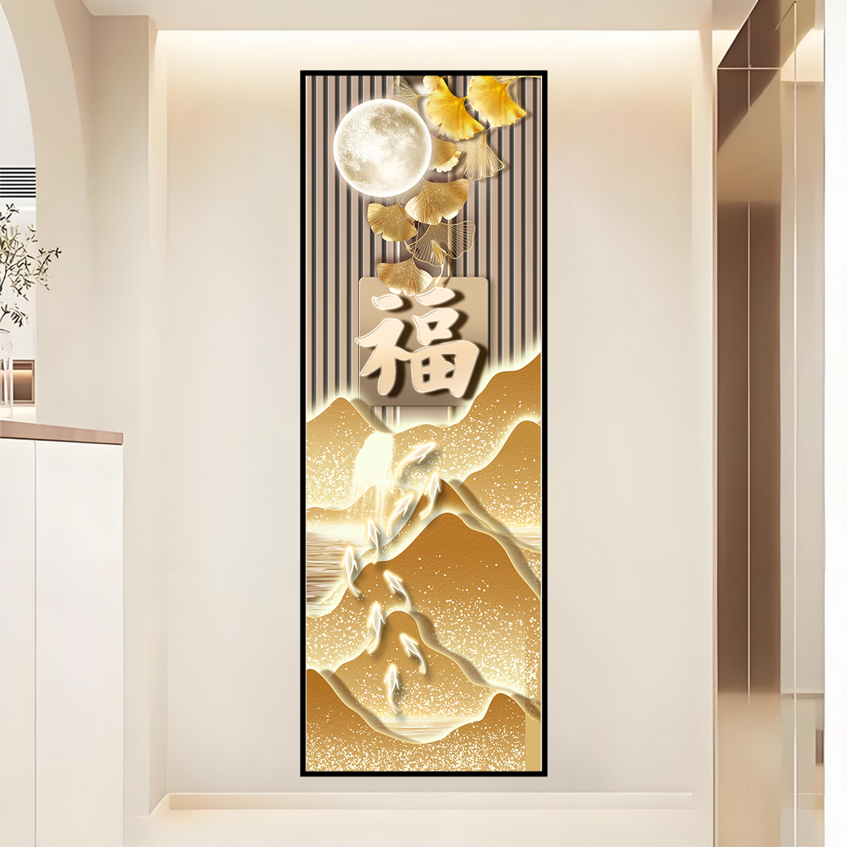 网红家居轻奢福字金山水玄关装饰镜家用客厅玄关过道走廊装饰c071