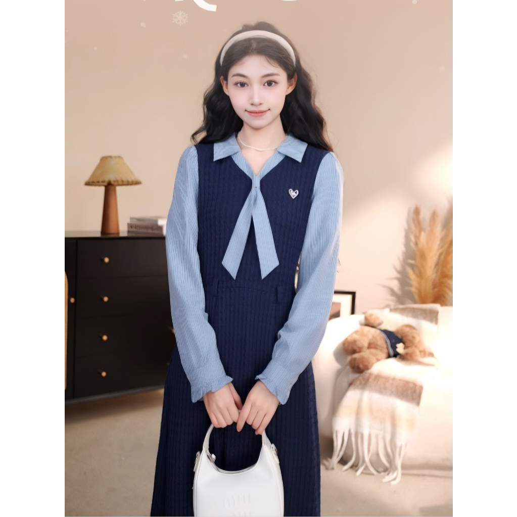 张汽水学院风假两件小领带连衣裙收腰长裙气质舒适DY2025309