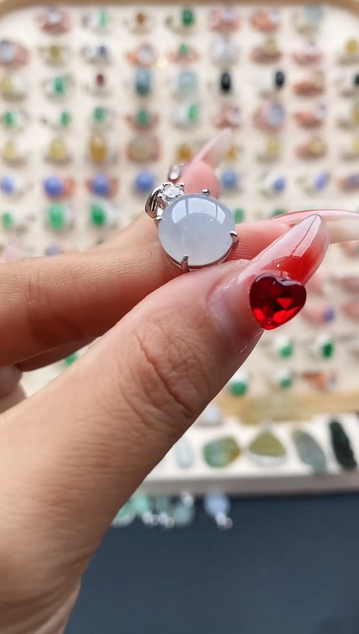 【闪购商品】翡翠戒指银S925镶嵌缅甸天然A货翡翠222 2+1