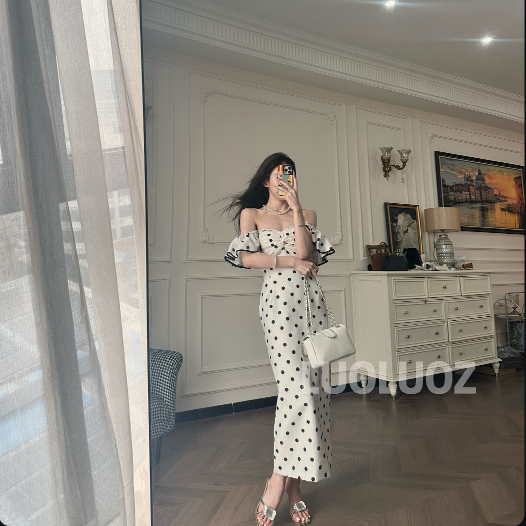 【现货】LUOLUOZ【晚夏生花】气质吊带一字领波点长款连衣裙JF652