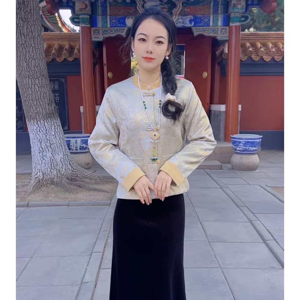 新中式缎面秋冬季长袖款短外套时尚提花国风盘扣短外套