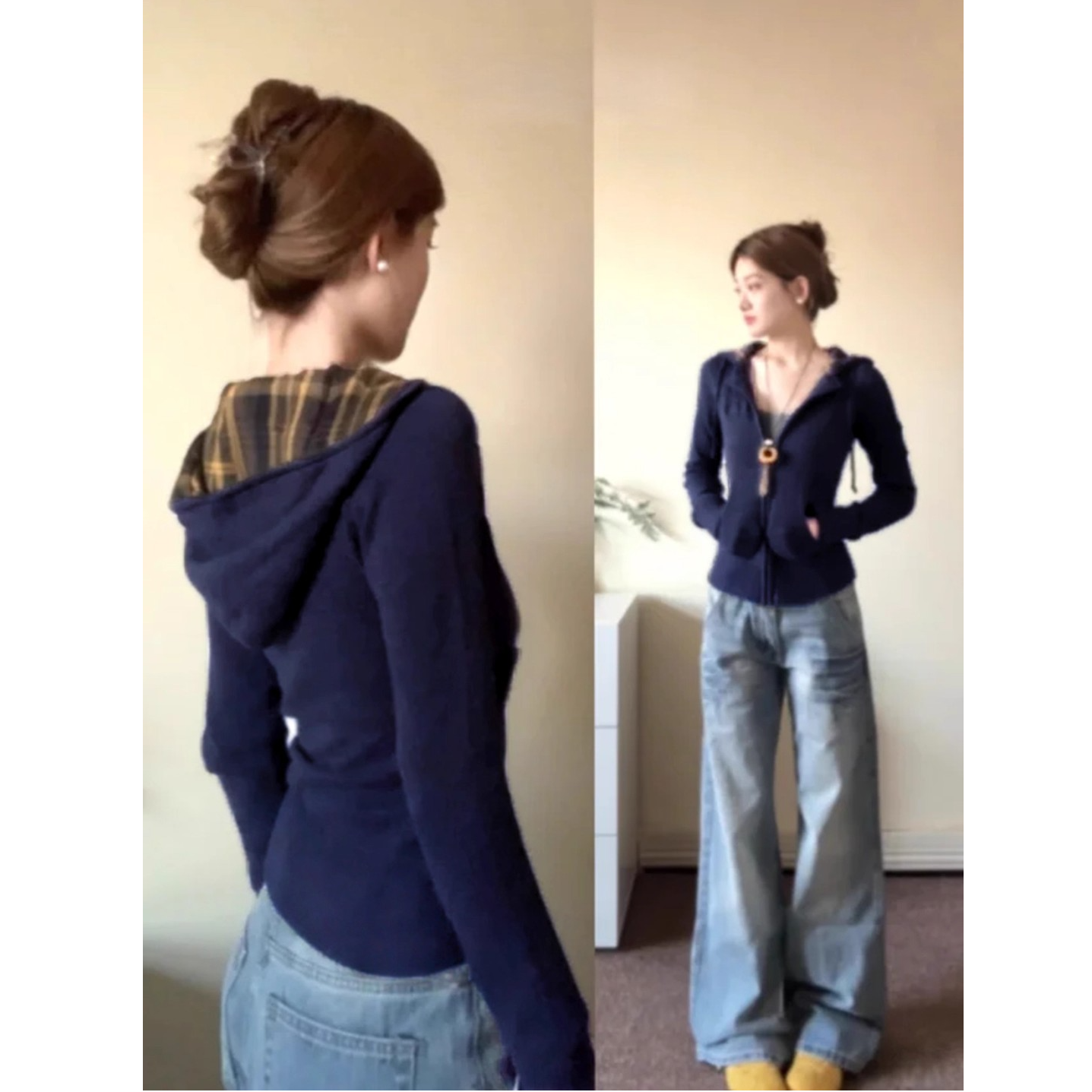藏青色修身卫衣外套女2025早秋薄款收腰设计感拼黄格上衣显瘦开衫