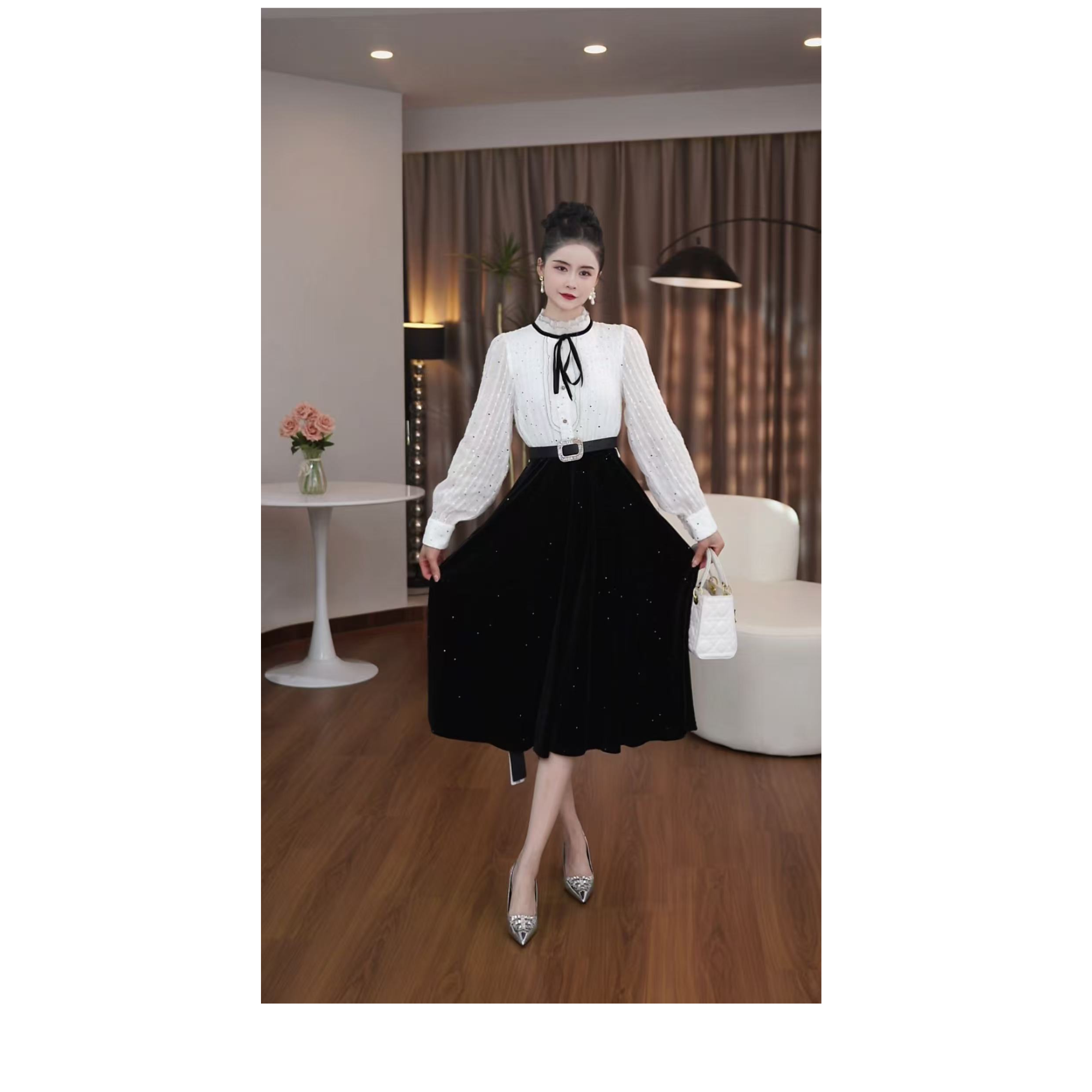 【然也专属】新款雪纺拼接连衣裙名媛范高级感气质显瘦裙6387