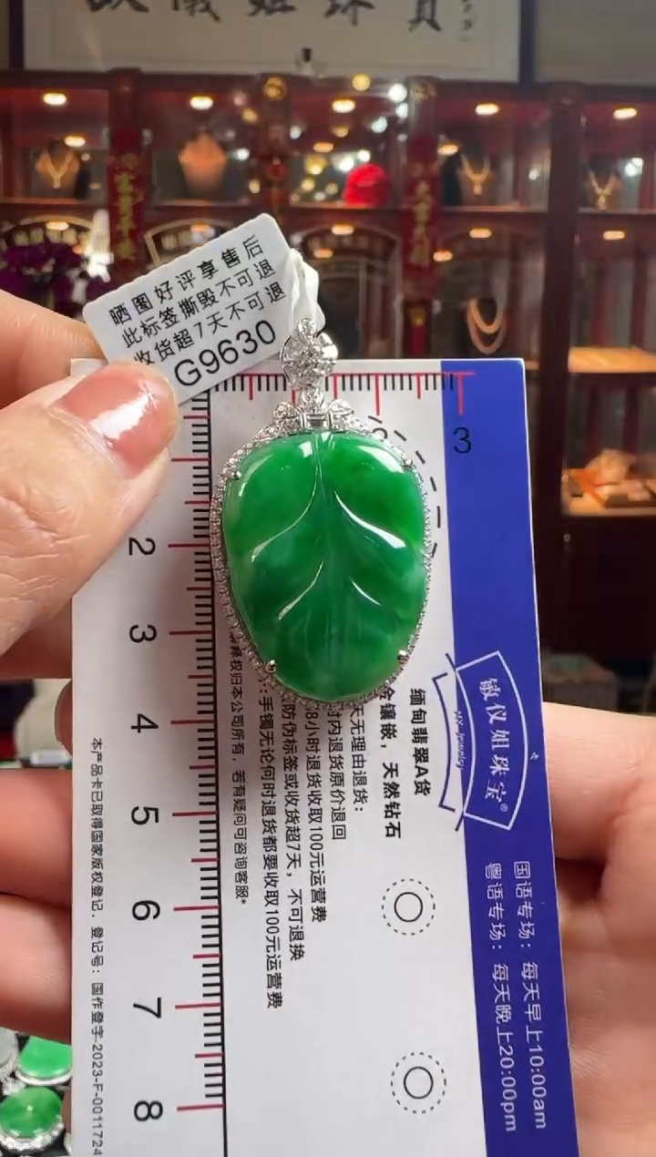 【闪购商品】翡翠颈饰18K金镶嵌G9630辣绿叶子