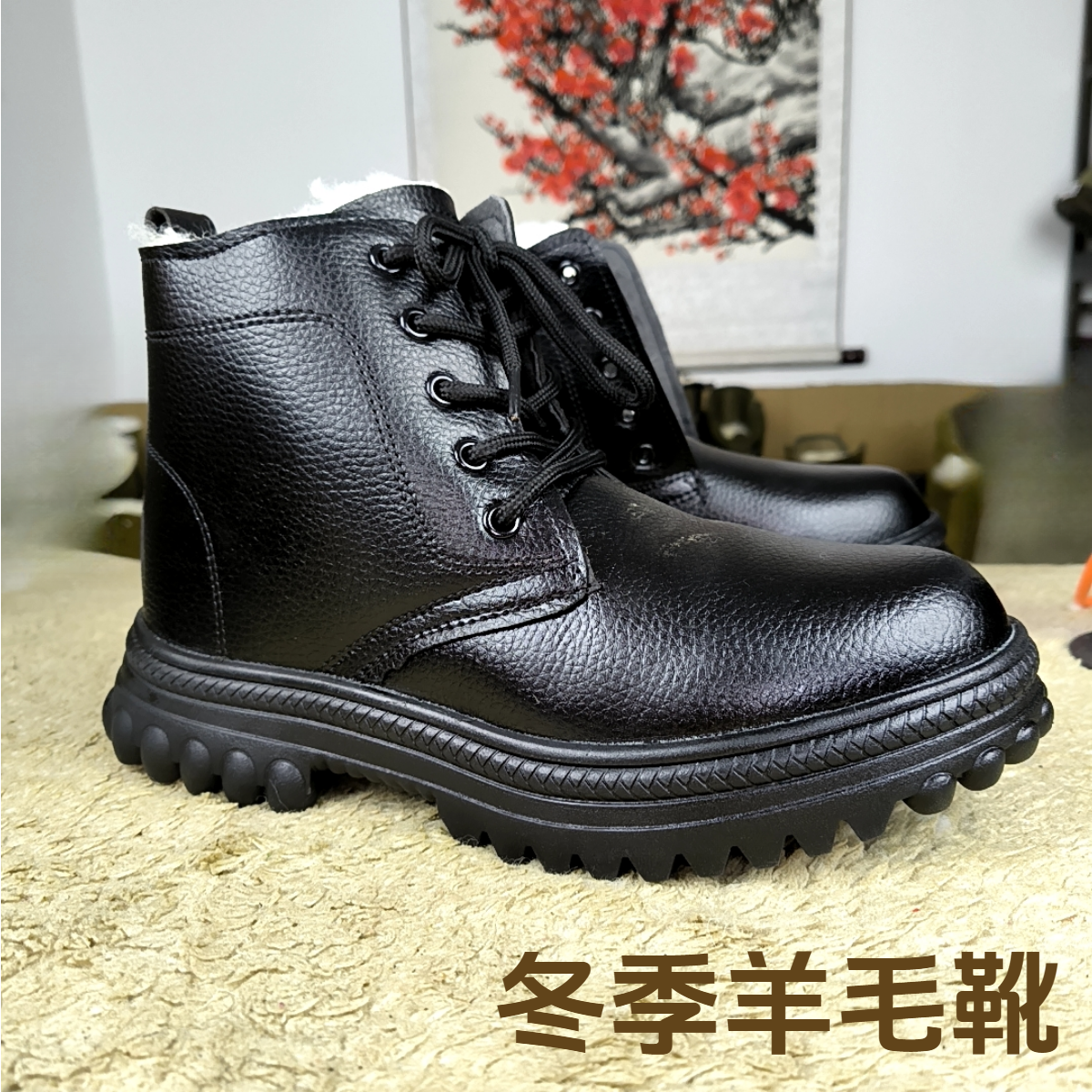 冬季羊毛棉靴户外保暖鞋耐磨加厚防寒靴高帮黑色雪地靴工作棉鞋