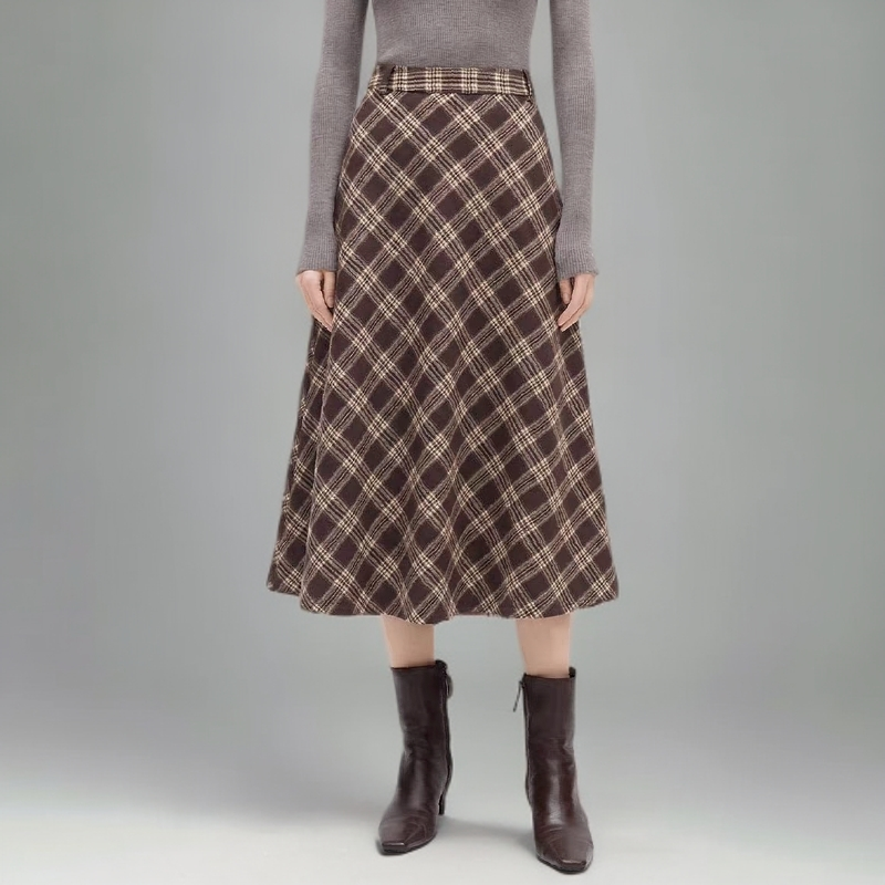 GXO女装25秋冬新品格纹绵羊毛中长款半身裙A字KQ0163