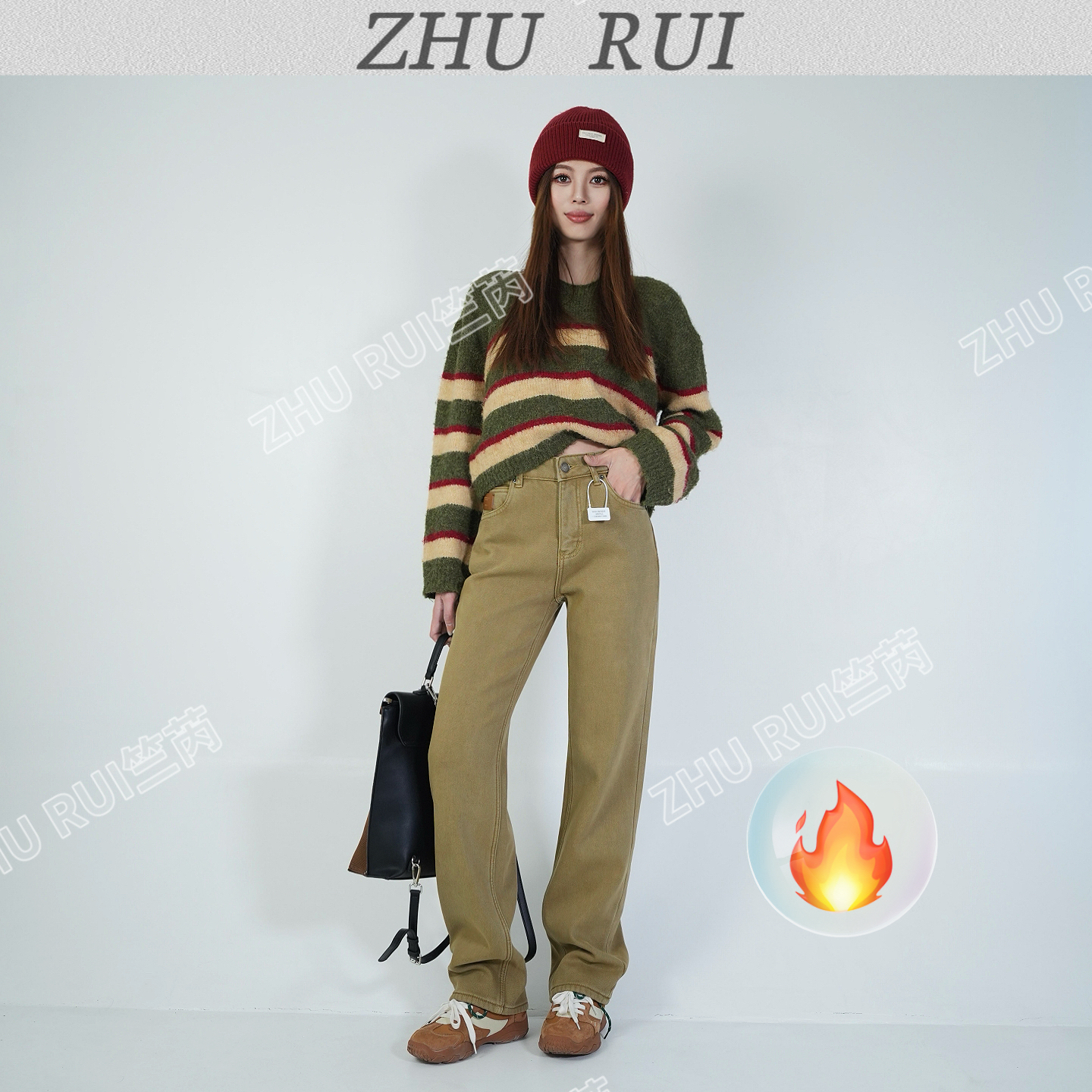 竺芮‘’榛果森林‘’加绒秋冬款中高腰窄版阔腿直筒显瘦时尚牛仔裤