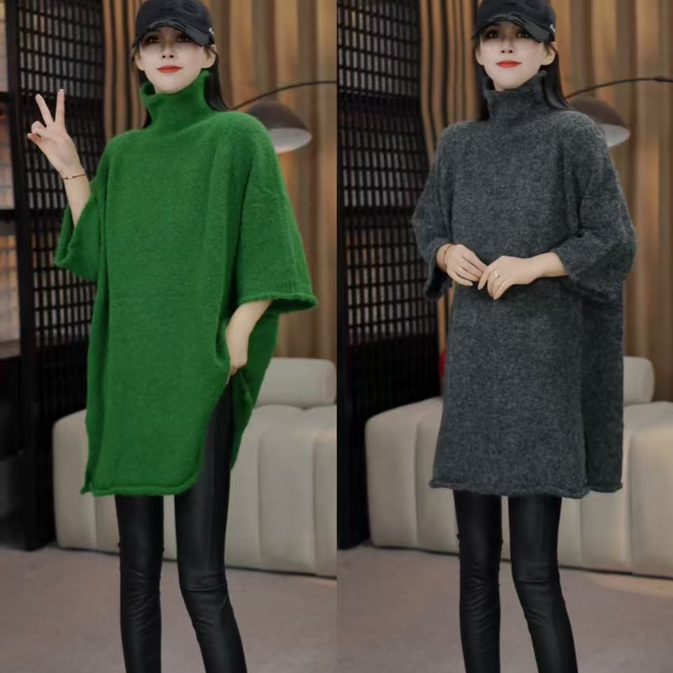 2025秋冬新款显瘦百搭高领加厚纯色简约套头半袖针织衫上衣女