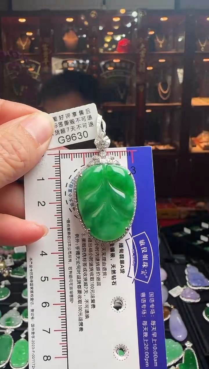 【闪购商品】翡翠颈饰18K金镶嵌G9630辣绿叶子