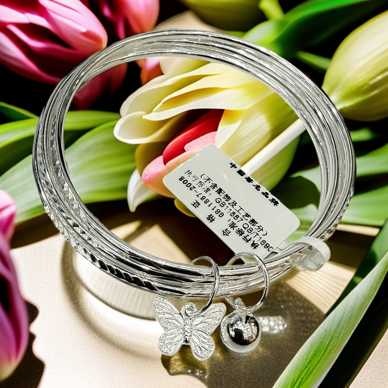 足银手镯 三圈足银手镯 铃铛蝴蝶挂件 三生三世  手工 细圈 实心