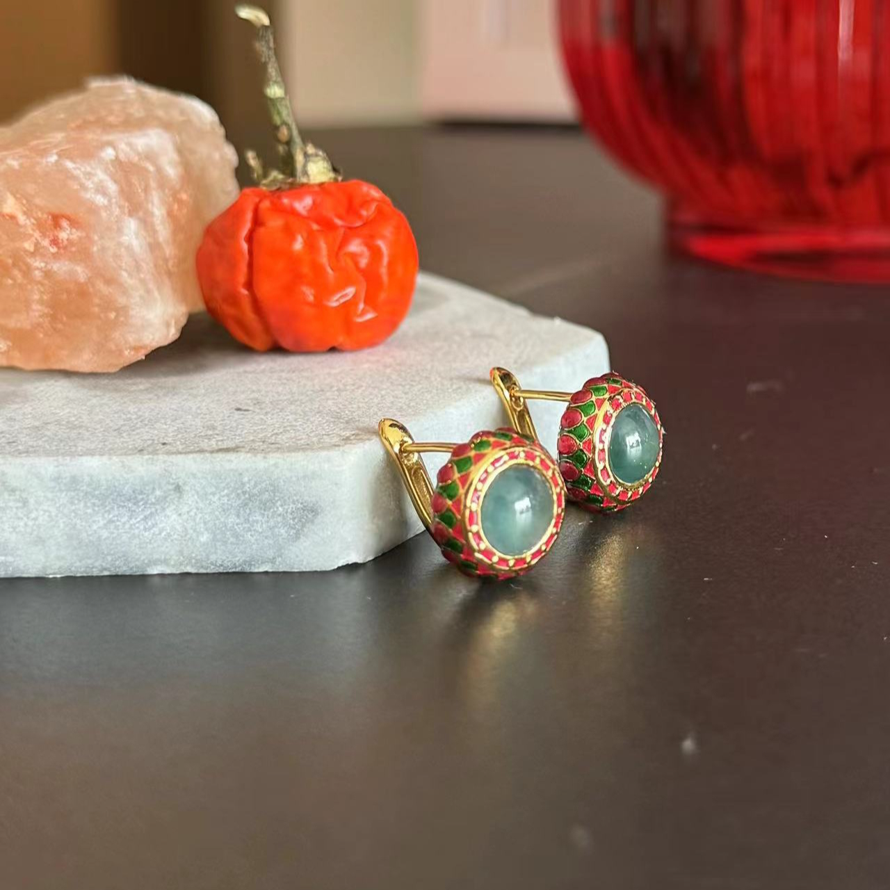 【一千零一夜】豹豹法式 蓝水翡翠耳饰 彩色 耳钉