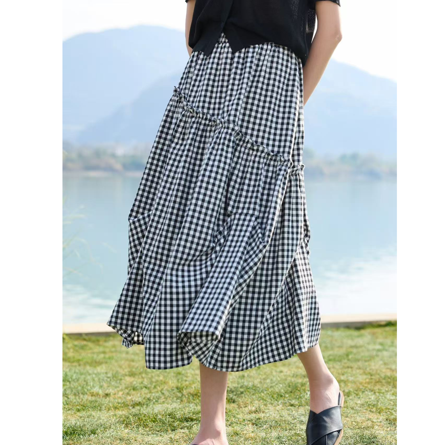 Pada嘻&YL【不规则】时尚独特松紧腰大摆半身裙 3336 Hi Fortune