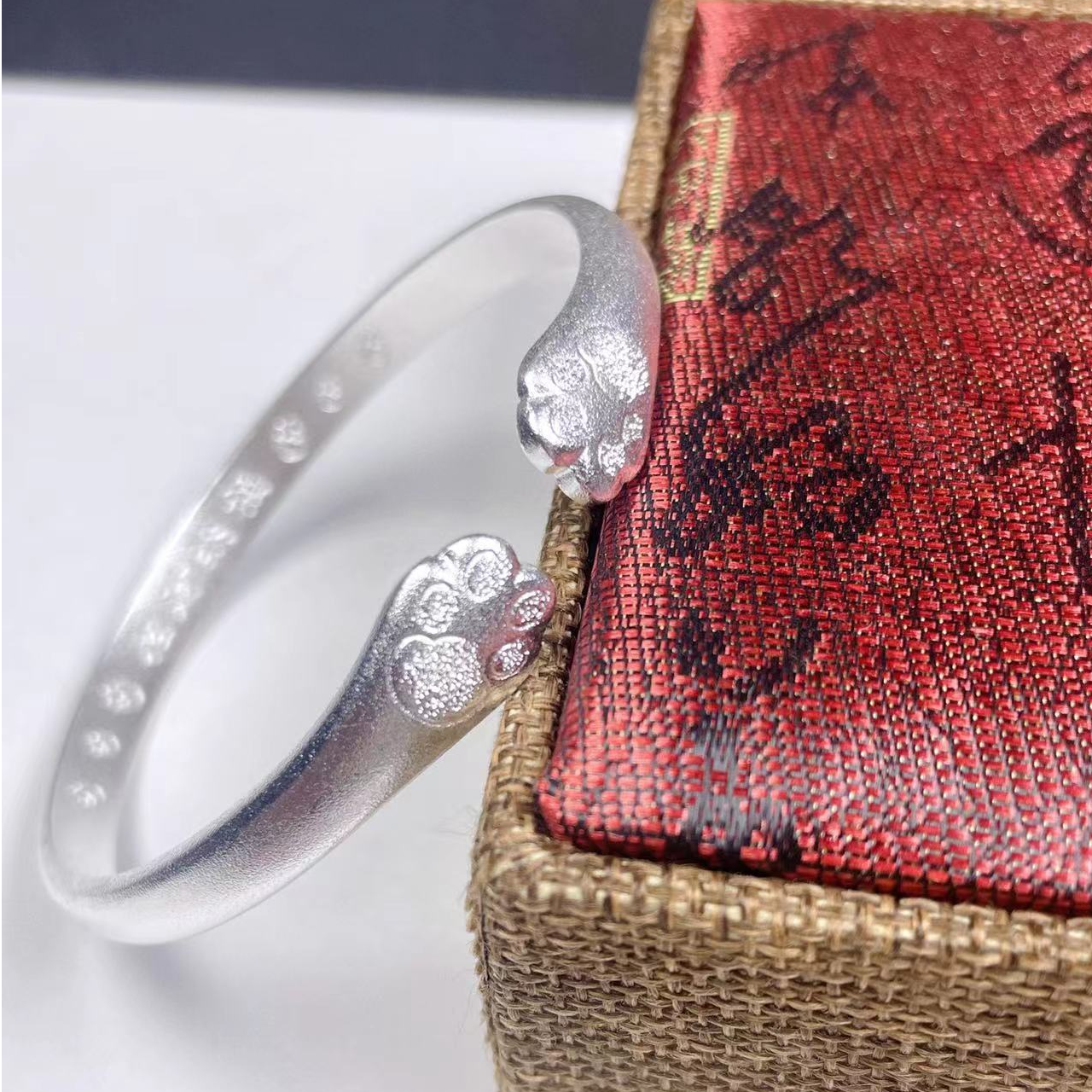 足银手镯 6号古法猫爪手镯招财纳福磨砂开口手环女时尚国风新中式