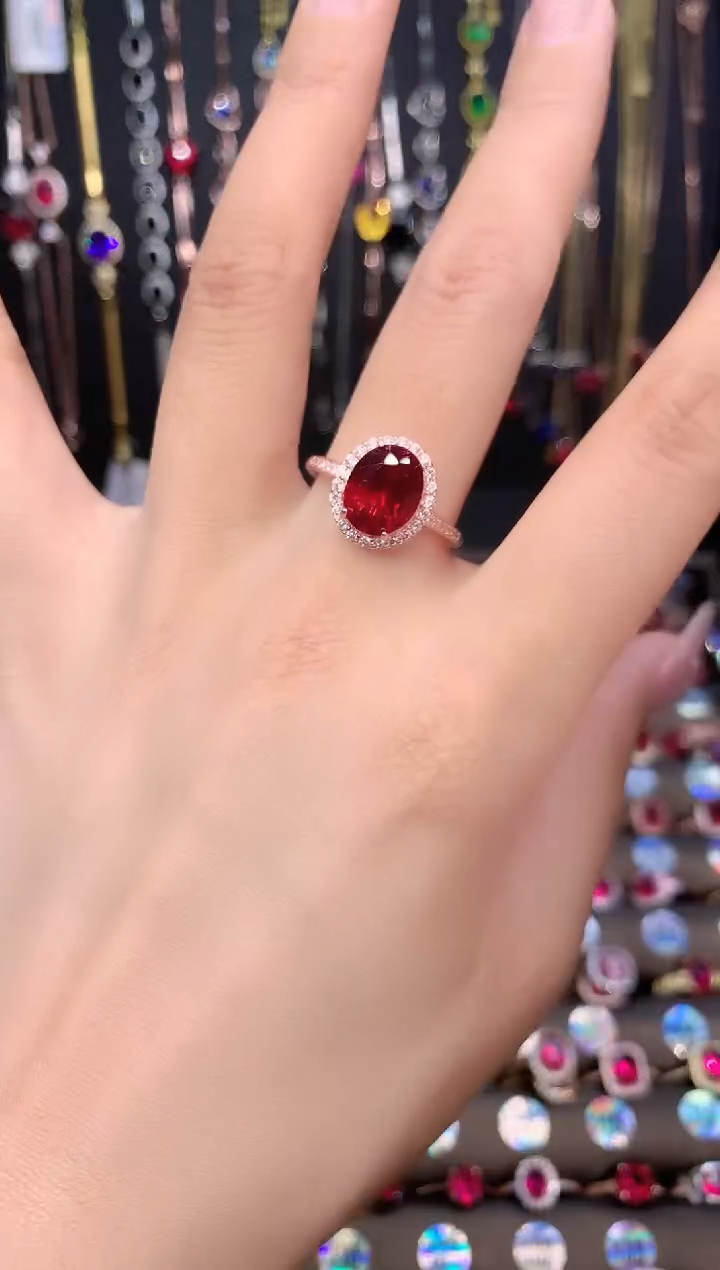 红宝石戒指银S925镶嵌810玫瑰金酒红