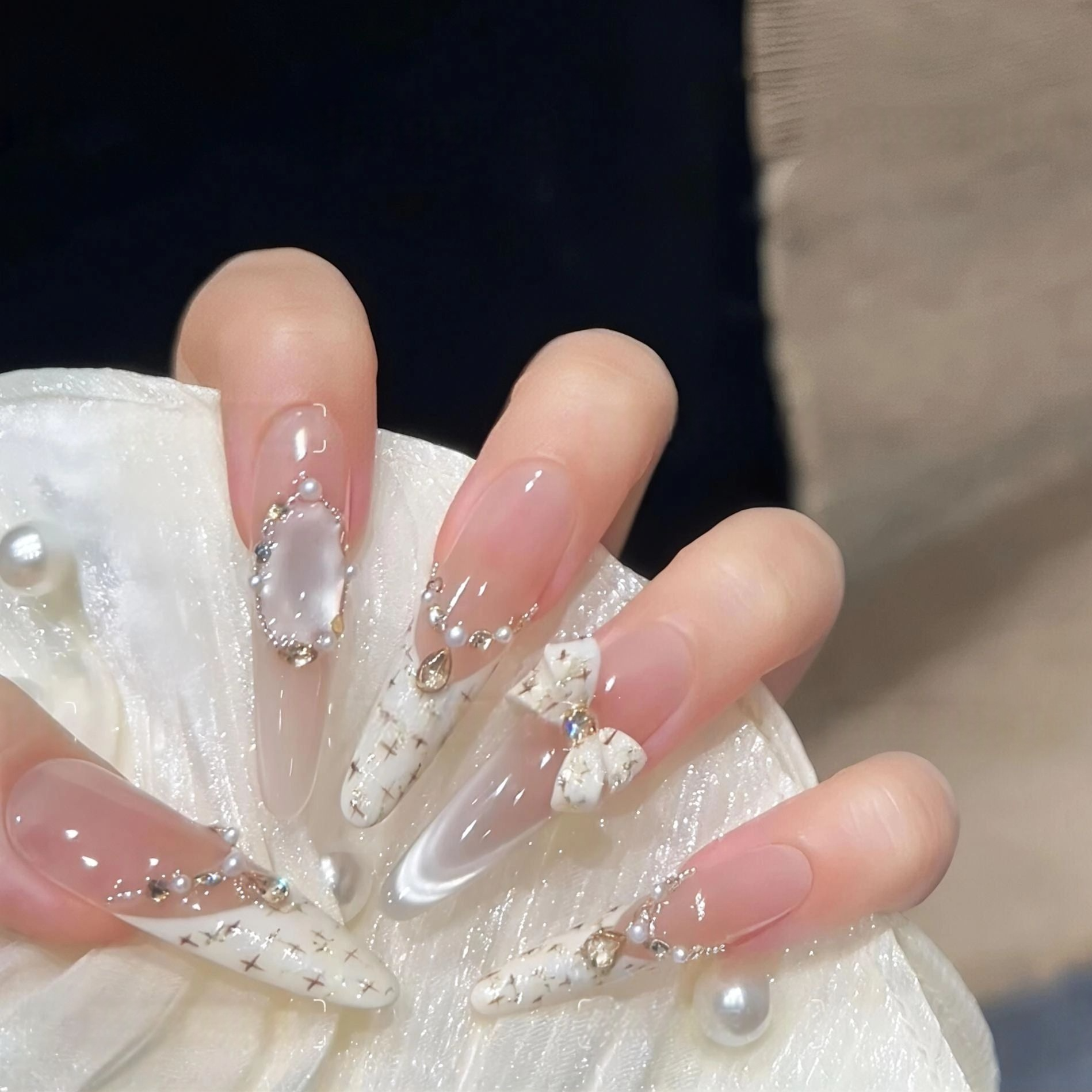 【小香风】轻奢气质手工穿戴甲法式猫眼美甲穿戴甲中长款可爱指甲贴