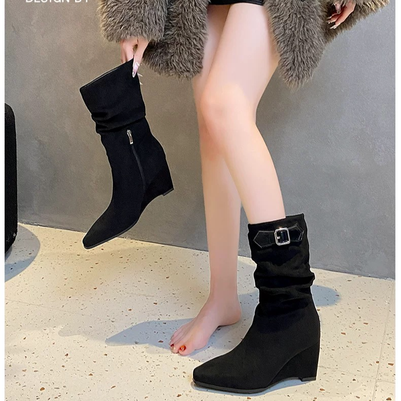 （7厘米）加绒683-1黑色绒面高跟短靴