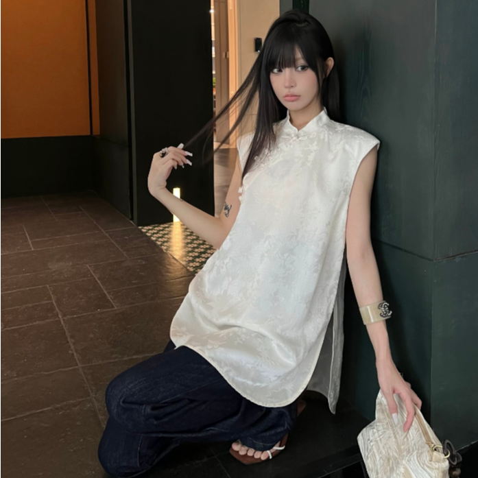 62692薄款单排扣无袖纯色提花立领上衣气质长款重工