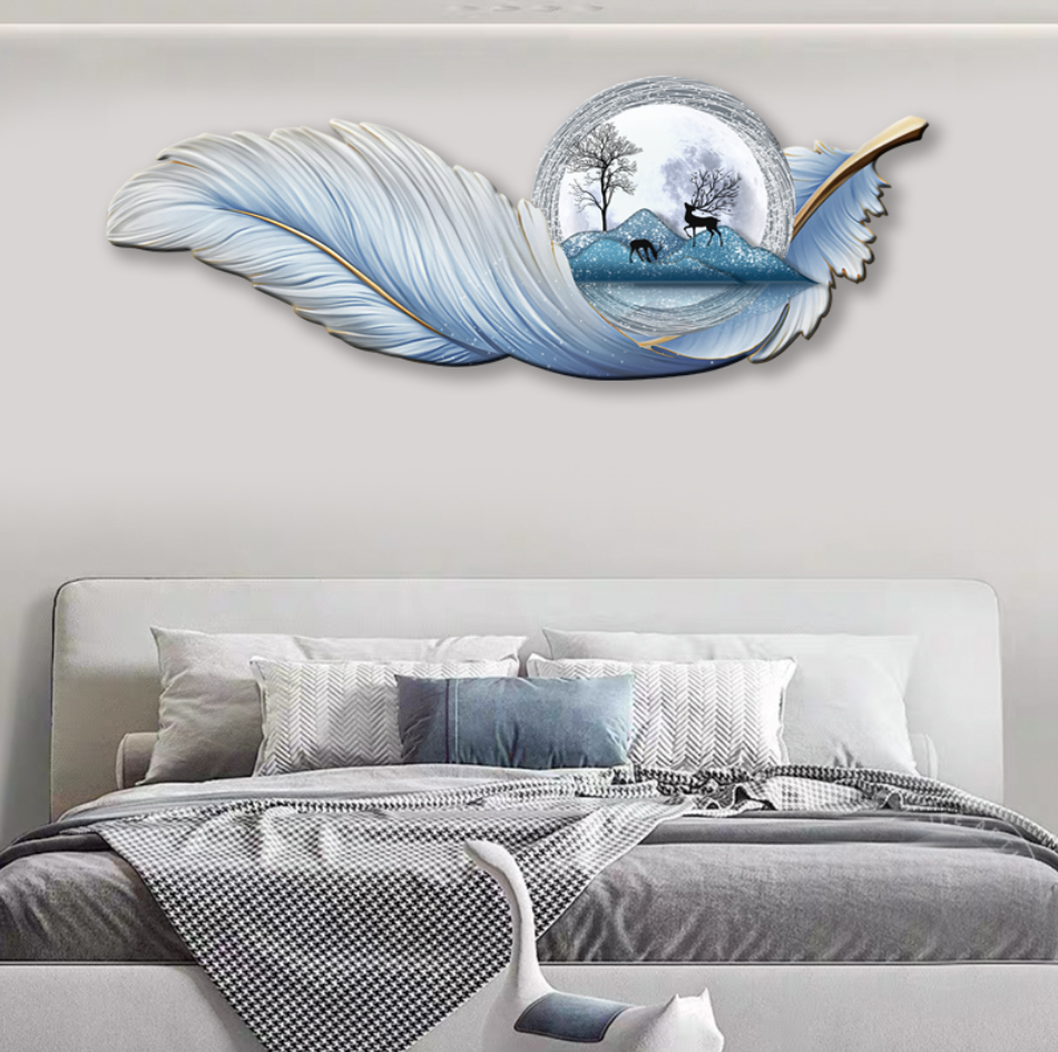 D154蓝色羽毛床头画卧室挂画网红房间布置用品主卧室挂画捡漏