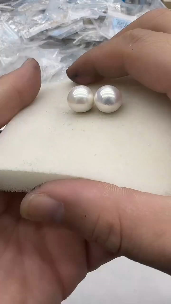 银S925镶嵌耳钉淡水珍珠管*然11-12mm 素钉