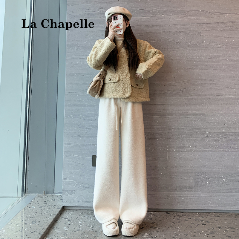 拉夏贝尔软糯水貂绒阔腿裤女秋冬新款加绒高腰慵懒糯米休闲长裤