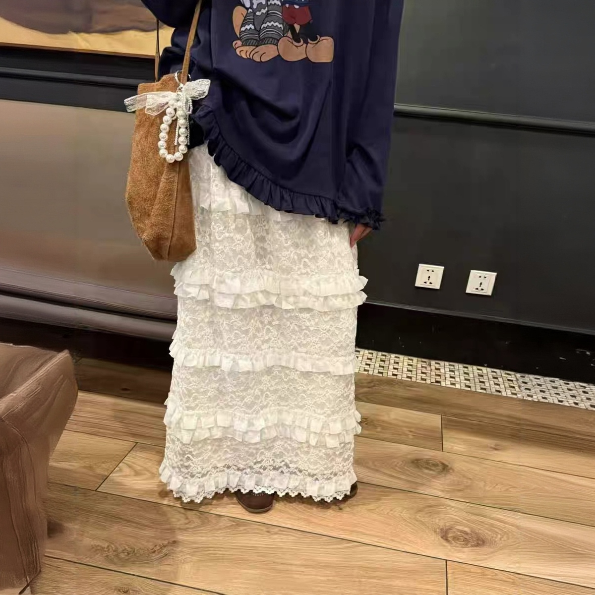 【大萍子家】法式高腰加绒蕾丝拼接显瘦温柔风蛋糕半身裙3139