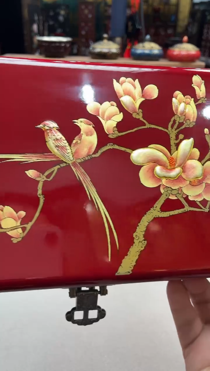 扬州漆器厂彩绘酒红底玉兰绶带鸟23单层首饰盒