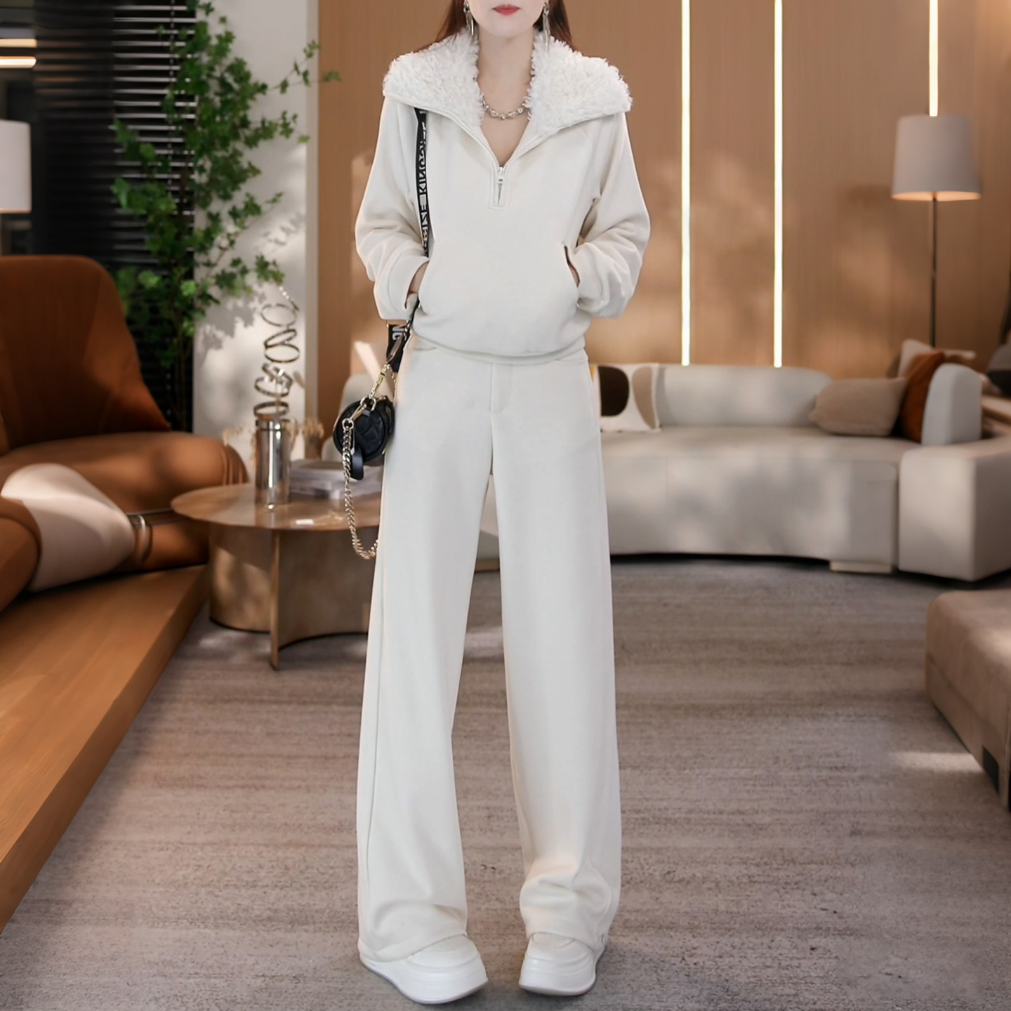 独特漂亮冬装一整套女2025新款加绒毛毛领半拉链卫衣阔腿裤两件套