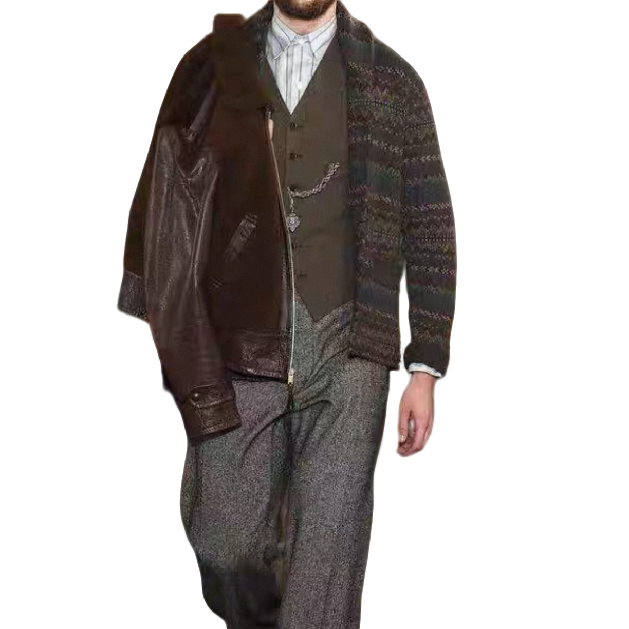 双R 羊毛/亚麻/桑蚕丝混纺费尔岛提花青果领毛衣Y