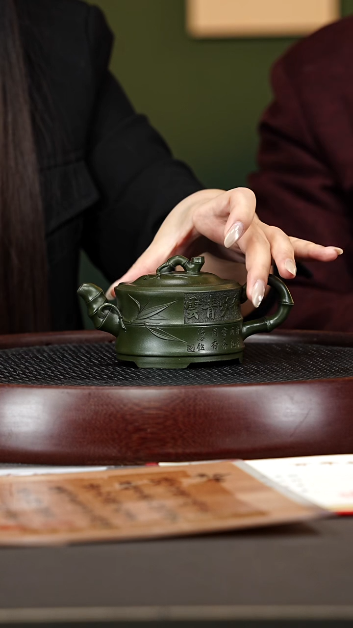 茶壶紫砂13ZCP双线竹节 可心绿泥170cc