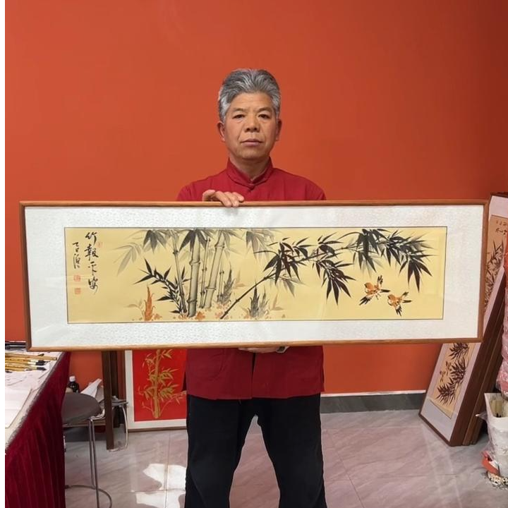 张富民手绘作品/竹报平安（乌檀木外框）/古宣/122*40cm左右/