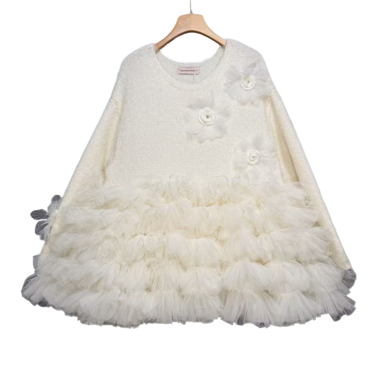 5855设计师款百搭老钱风女装宽松立体花朵针织米白色毛衣蓬蓬裙