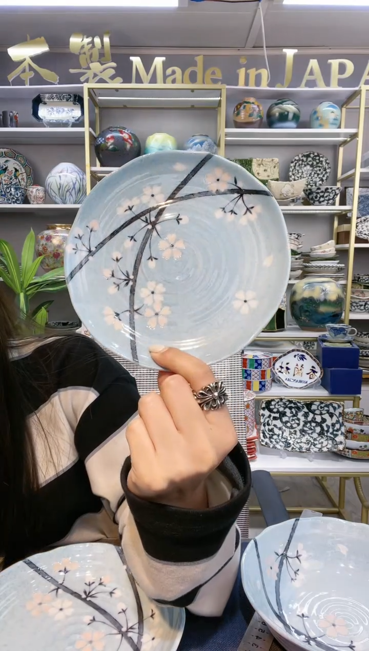 瓷淡墨蓝樱甜品盘16.5cm两支