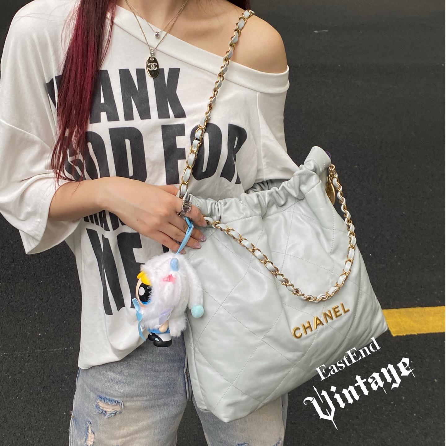 95新 Chanel/香奈儿 東区-雾霾蓝金标牛皮22bag中号/74499