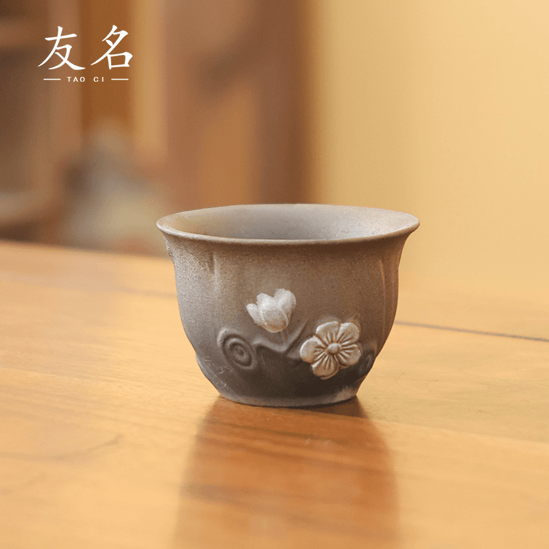 克克茶具复古老陶泥粗陶描银梅花主人杯茶杯品茗杯-3616