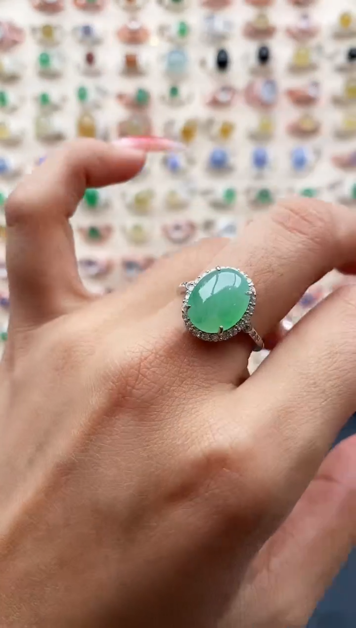 【闪购商品】翡翠戒指银S925镶嵌缅甸天然A货翡翠222 4+7